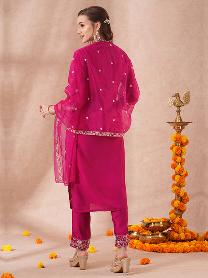 Solid Floral Sequin Embroidered Straight Fit Kurta with Pant & Dupatta - Pink