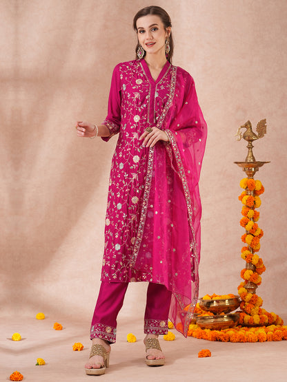 Solid Floral Sequin Embroidered Straight Fit Kurta with Pant & Dupatta - Pink