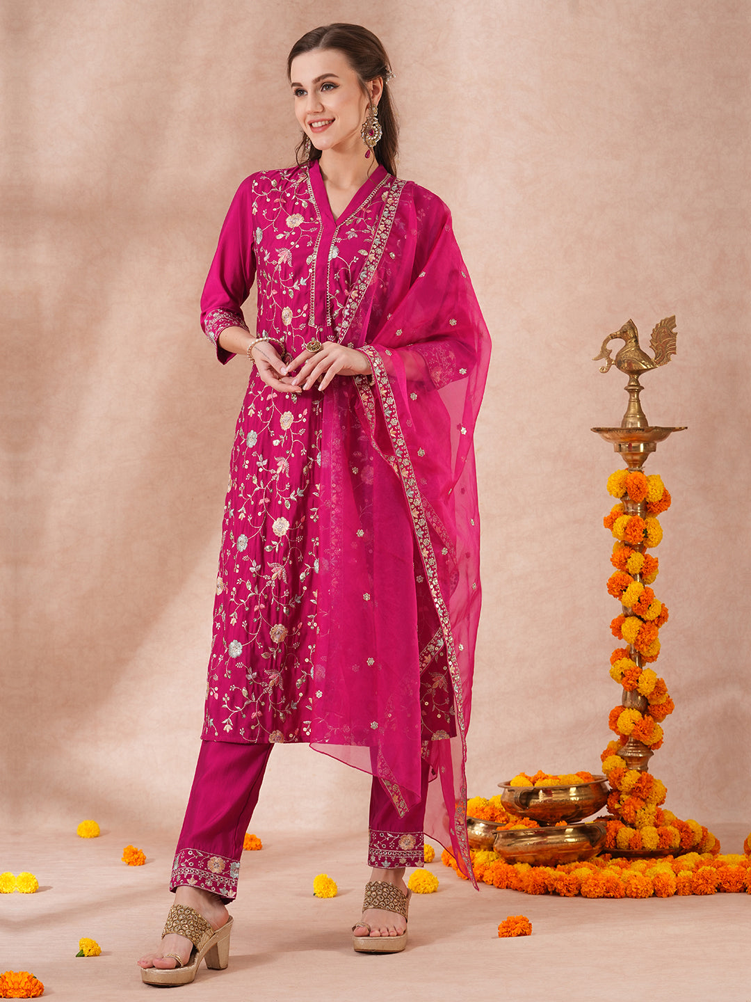 Solid Floral Sequin Embroidered Straight Fit Kurta with Pant & Dupatta - Pink