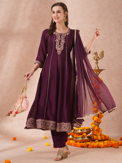 Solid Ethnic Embroidered Anarkali Flared Kurta with Pant & Dupatta - Purple