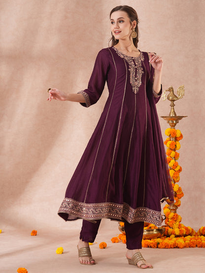 Solid Ethnic Embroidered Anarkali Flared Kurta with Pant & Dupatta - Purple