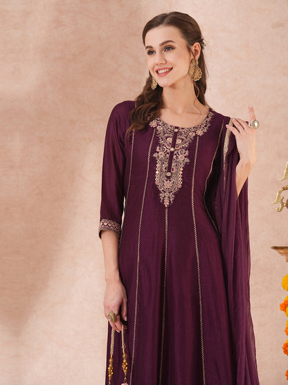 Solid Ethnic Embroidered Anarkali Flared Kurta with Pant & Dupatta - Purple