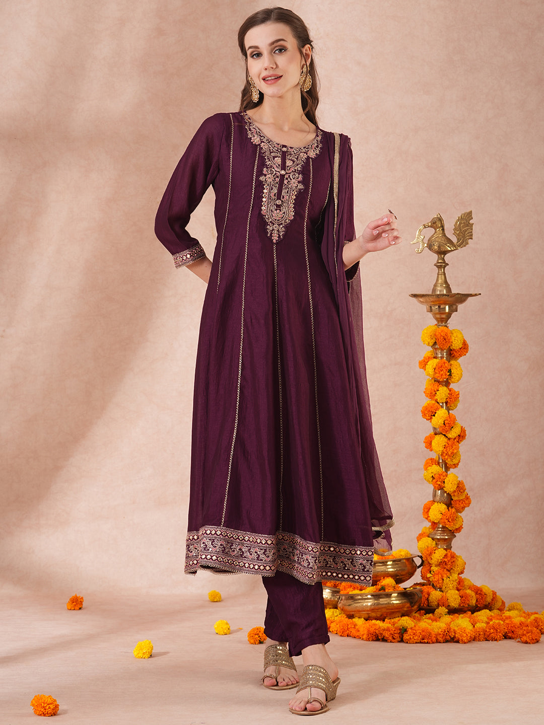 Solid Ethnic Embroidered Anarkali Flared Kurta with Pant & Dupatta - Purple