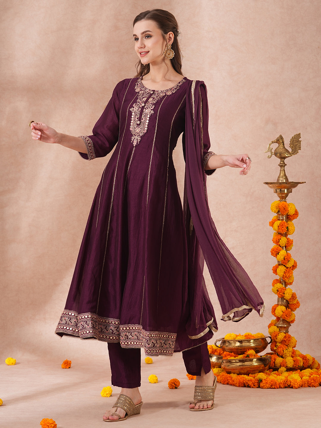 Solid Ethnic Embroidered Anarkali Flared Kurta with Pant & Dupatta - Purple