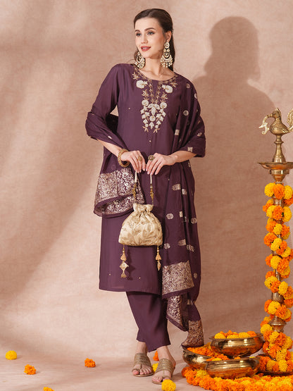 Solid Floral Hand Embroidered Straight Kurta with Pant & Dupatta - Burgundy