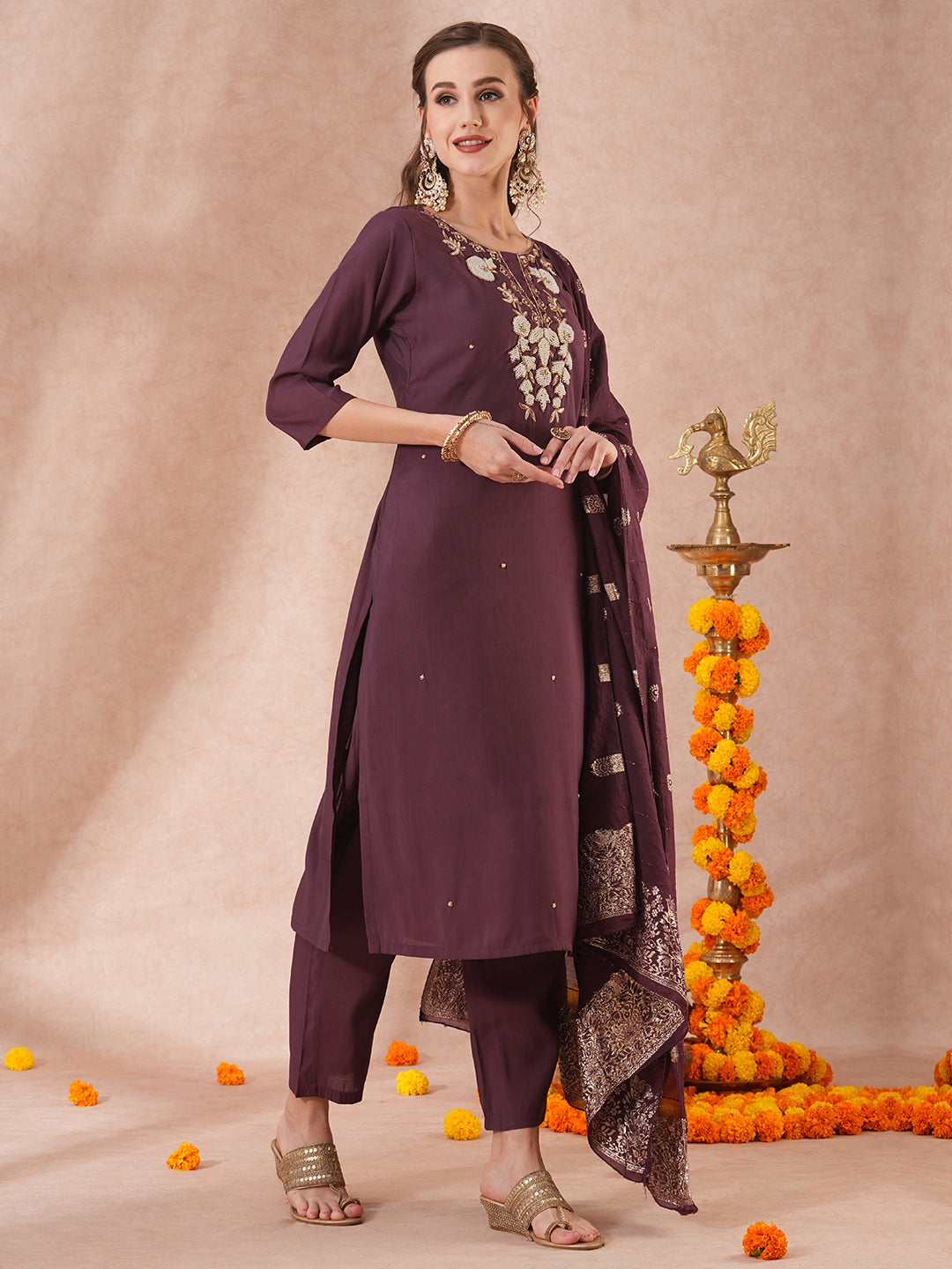 Solid Floral Hand Embroidered Straight Kurta with Pant & Dupatta - Burgundy