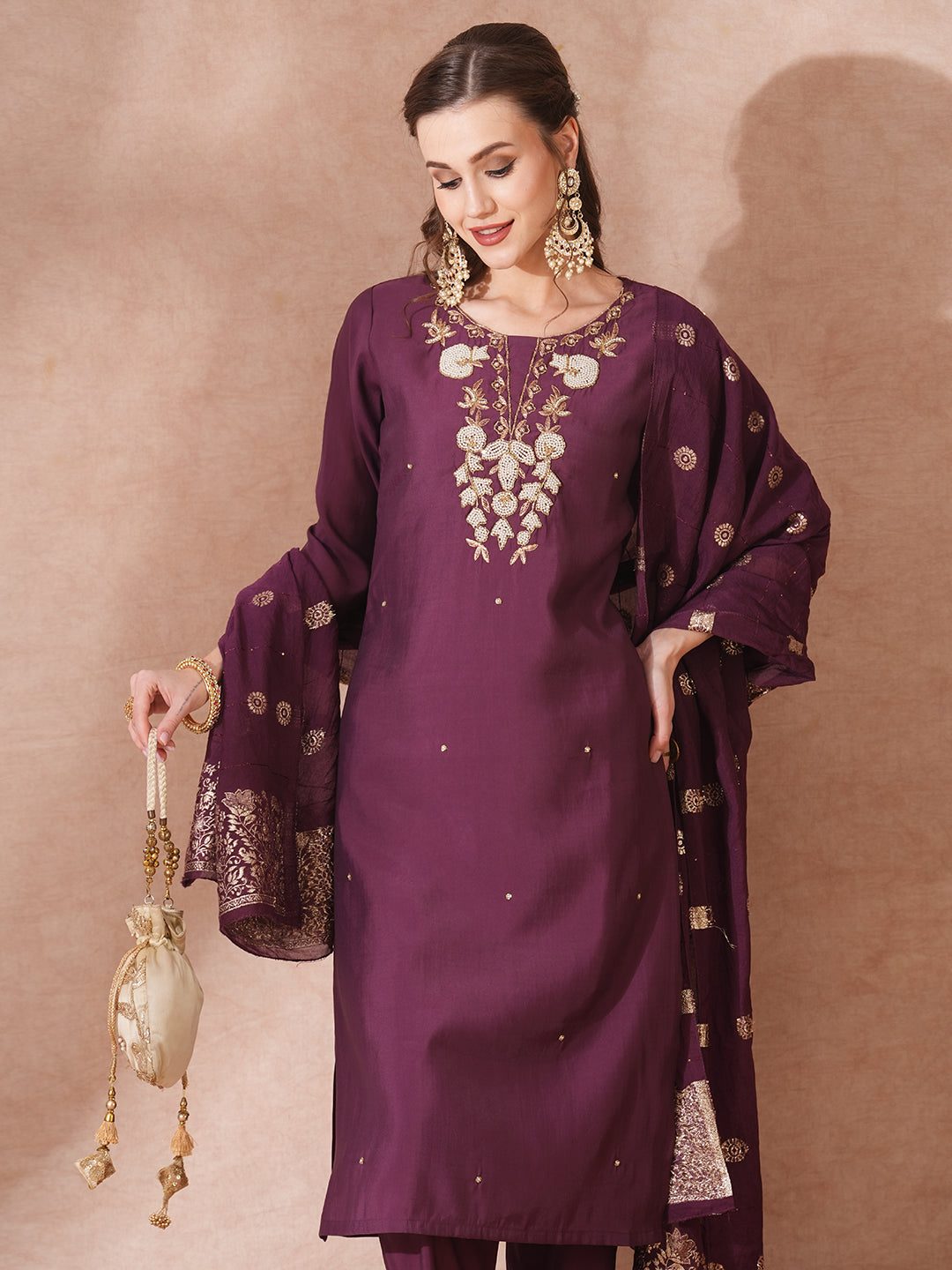 Solid Floral Hand Embroidered Straight Kurta with Pant & Dupatta - Burgundy