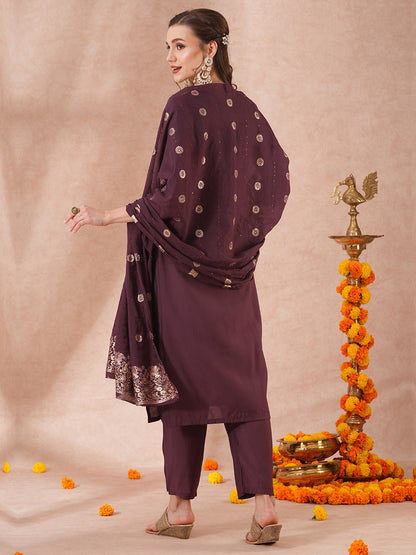 Solid Floral Hand Embroidered Straight Kurta with Pant & Dupatta - Burgundy