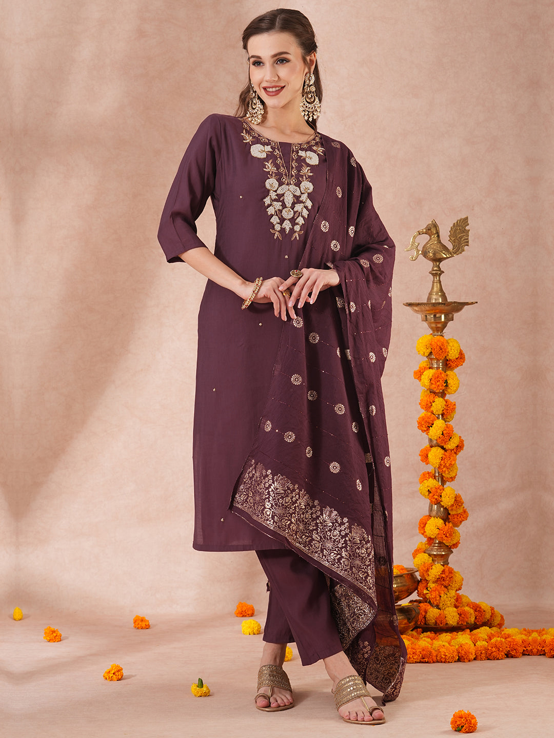 Solid Floral Hand Embroidered Straight Kurta with Pant & Dupatta - Burgundy