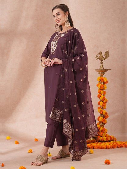 Solid Floral Hand Embroidered Straight Kurta with Pant & Dupatta - Burgundy