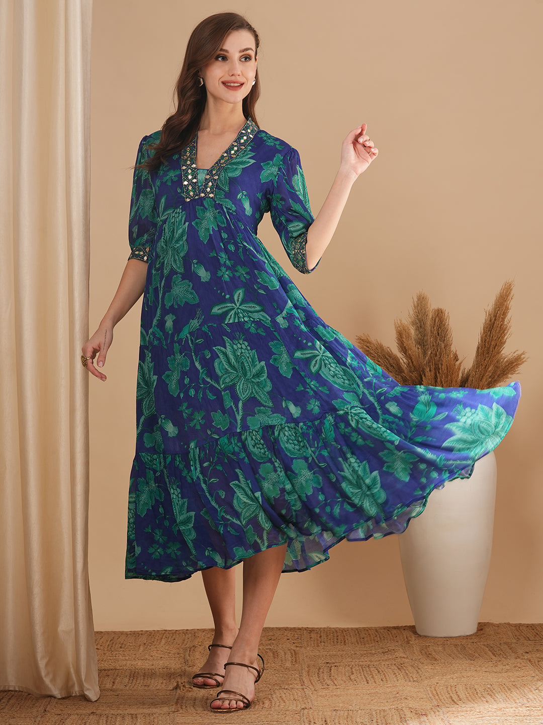 Ethnic Floral Printed & Embroidered A-Line Pleated Midi Dress - Blue