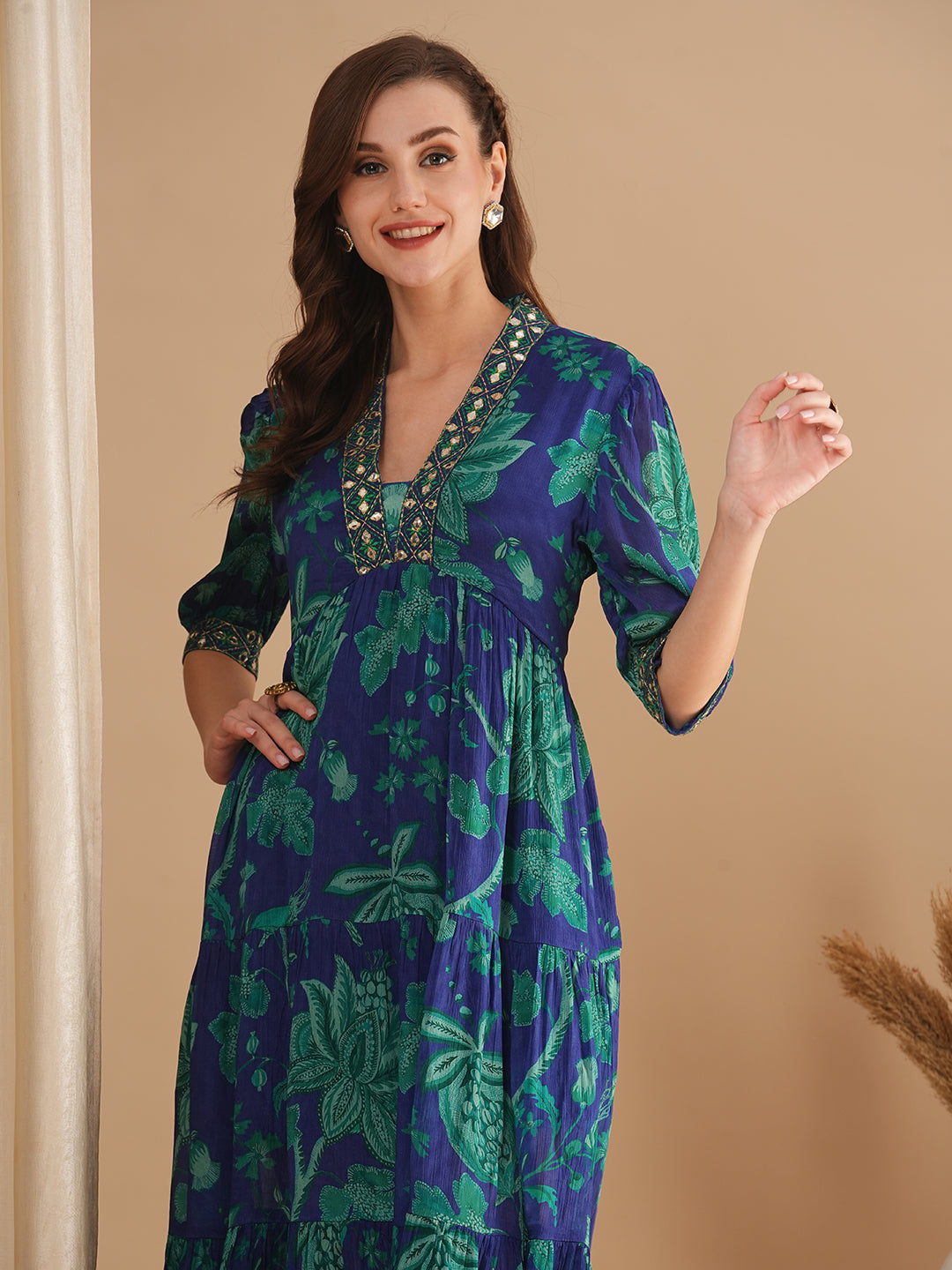 Ethnic Floral Printed & Embroidered A-Line Pleated Midi Dress - Blue