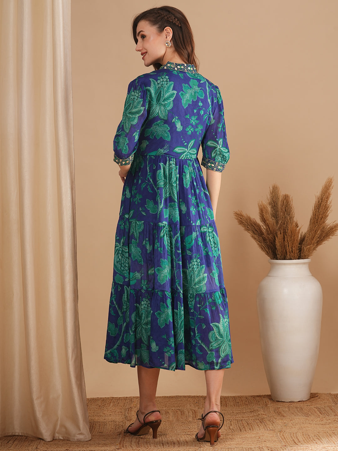 Ethnic Floral Printed & Embroidered A-Line Pleated Midi Dress - Blue