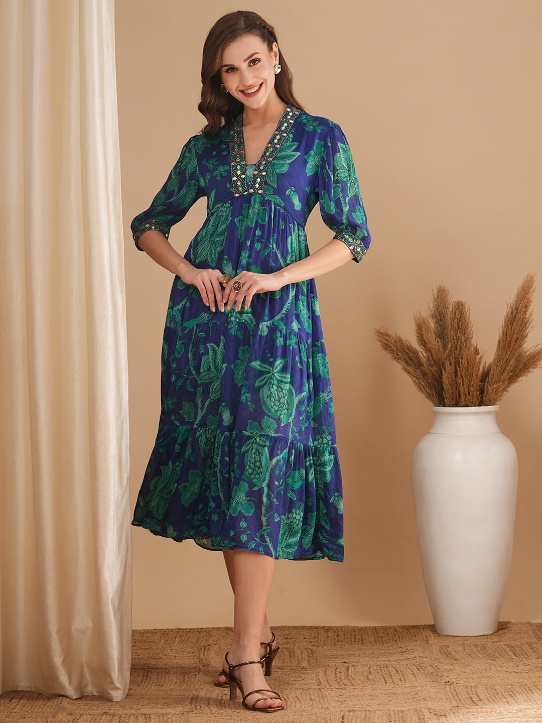 Ethnic Floral Printed & Embroidered A-Line Pleated Midi Dress - Blue