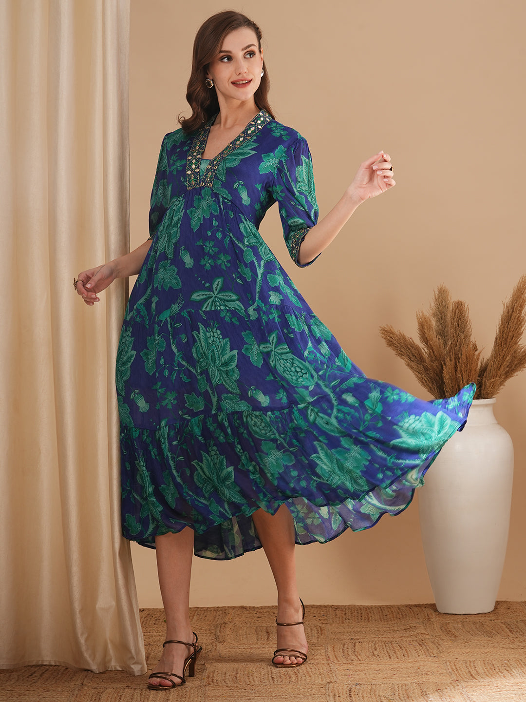 Ethnic Floral Printed & Embroidered A-Line Pleated Midi Dress - Blue