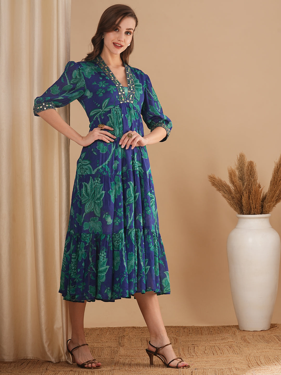 Ethnic Floral Printed & Embroidered A-Line Pleated Midi Dress - Blue