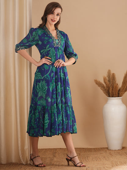 Ethnic Floral Printed & Embroidered A-Line Pleated Midi Dress - Blue