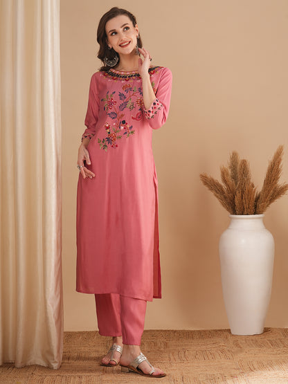 Solid Floral Hand Embroidered & Painted Straight Fit Co-ord Set - Pink