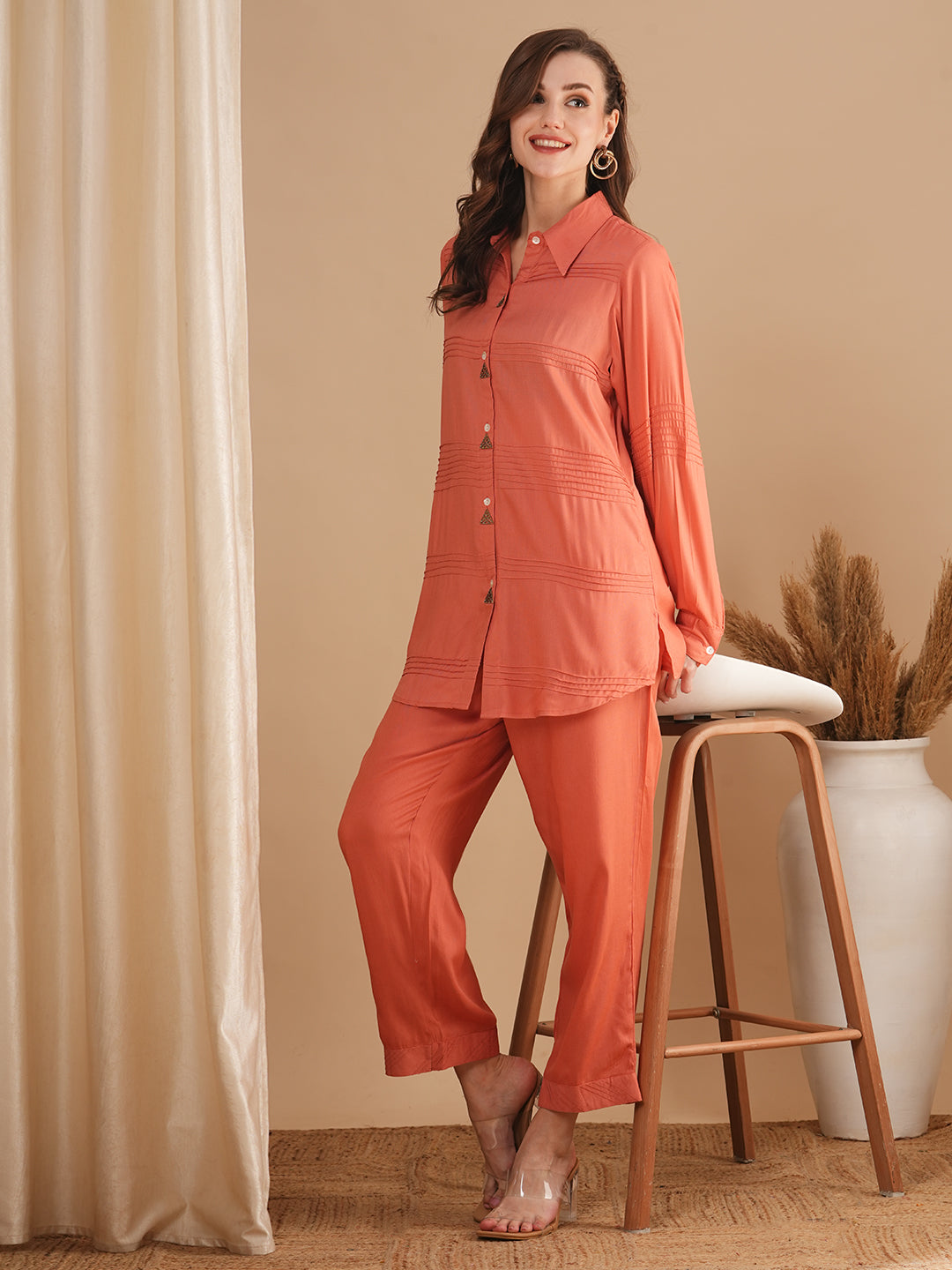 Solid Pin Tuck Straight Fit Co-ord Set - Peach