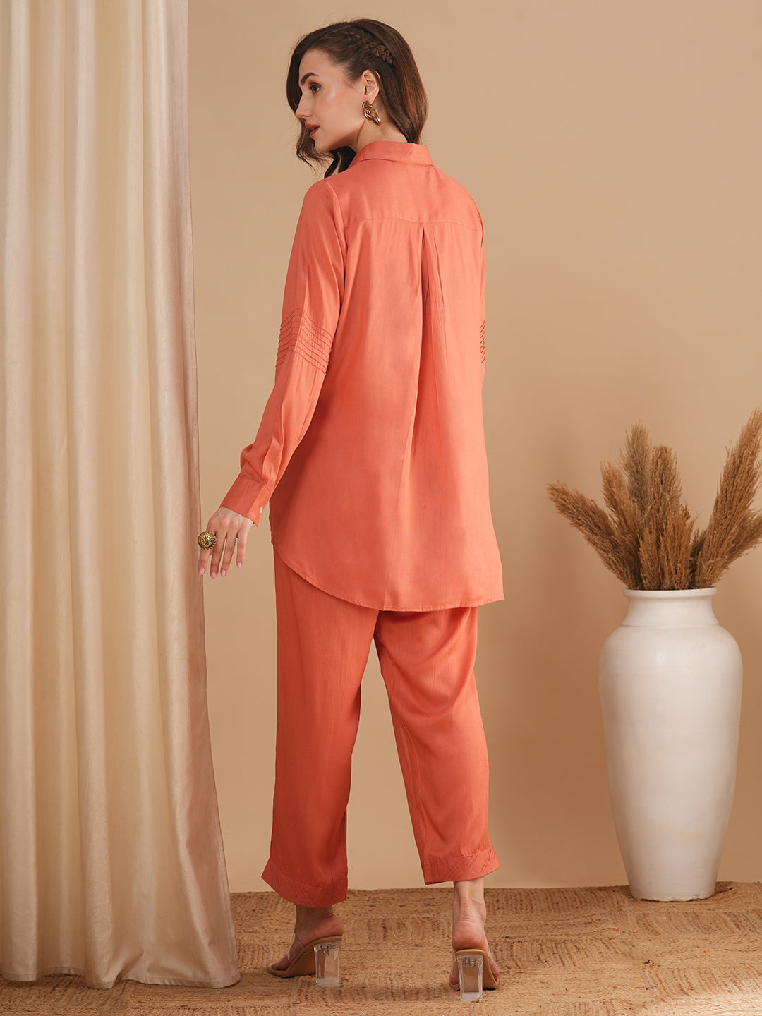 Solid Pin Tuck Straight Fit Co-ord Set - Peach