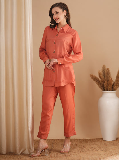 Solid Pin Tuck Straight Fit Co-ord Set - Peach