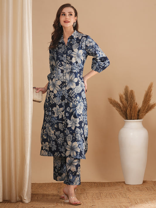 Abstract Floral Foil Printed Straight Fit Co-ord Set - Blue