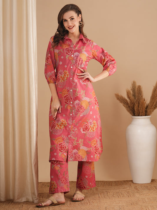 Abstract Floral Foil Printed Straight Fit Co-ord Set - Pink