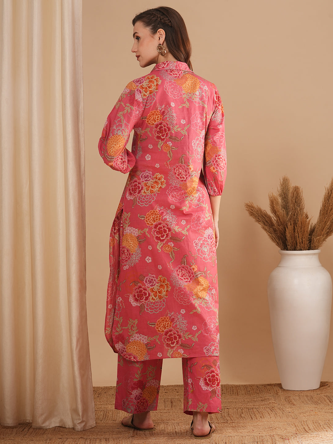 Abstract Floral Foil Printed Straight Fit Co-ord Set - Pink