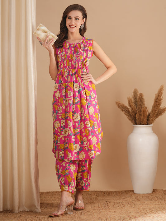 Abstract Floral Printed Pin Tucked Straight Fit Co-ord Set - Pink