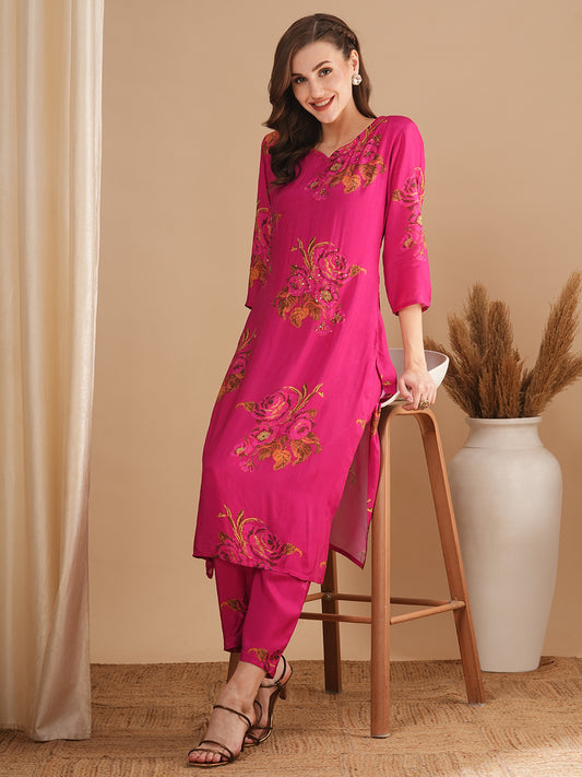 Ethnic Floral Printed & Embroidered Straight Fit Co-ord Set - Pink