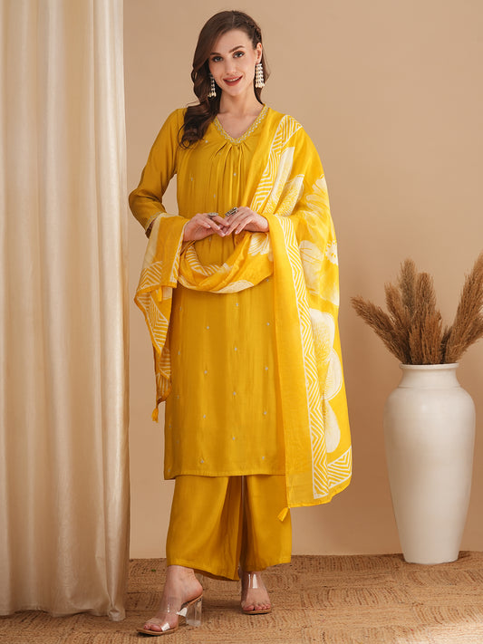 Solid Ethnic Embroidered Straight Fit Kurta with Palazzo and Dupatta - Yellow