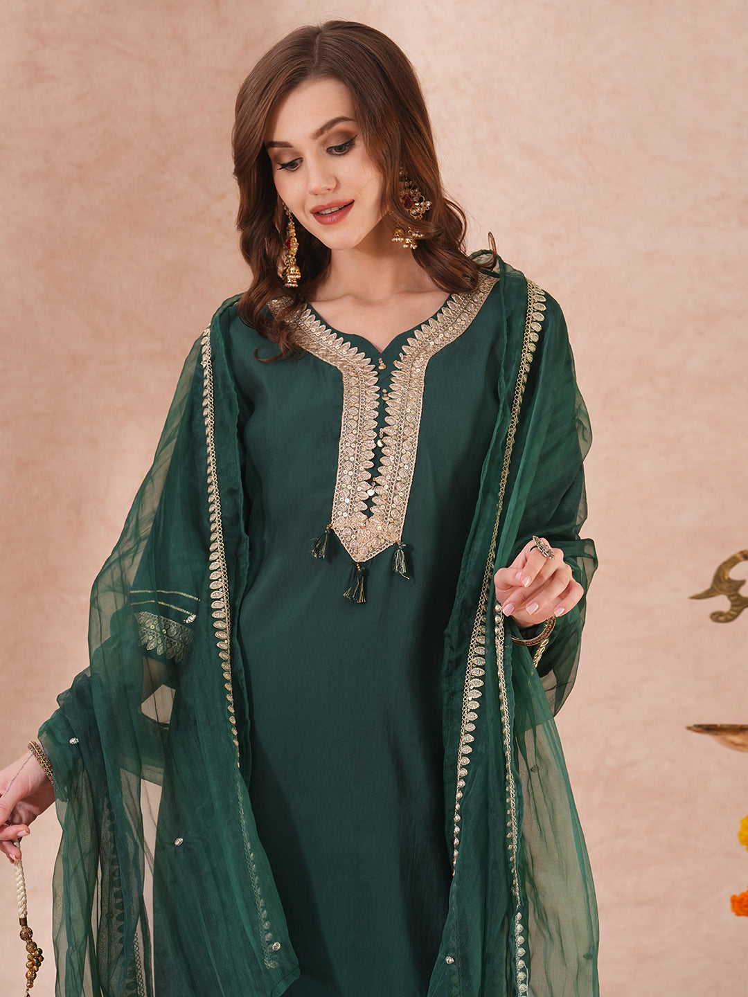 Solid Floral Embroidered Straight Fit Kurta with Pant & Dupatta - Green