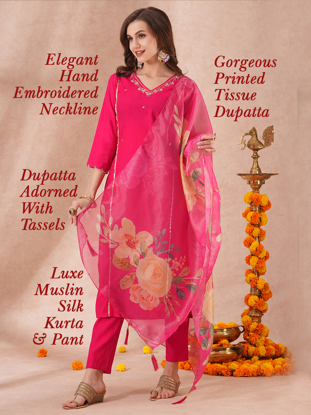 Solid Floral Hand Embroidered Straight Fit Kurta with Pant & Dupatta - Pink