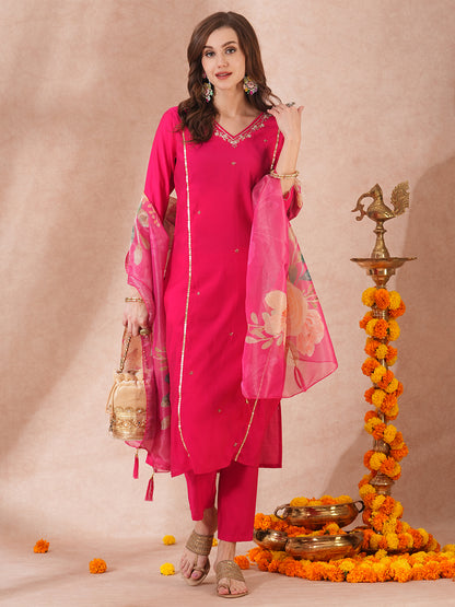 Solid Floral Hand Embroidered Straight Fit Kurta with Pant & Dupatta - Pink