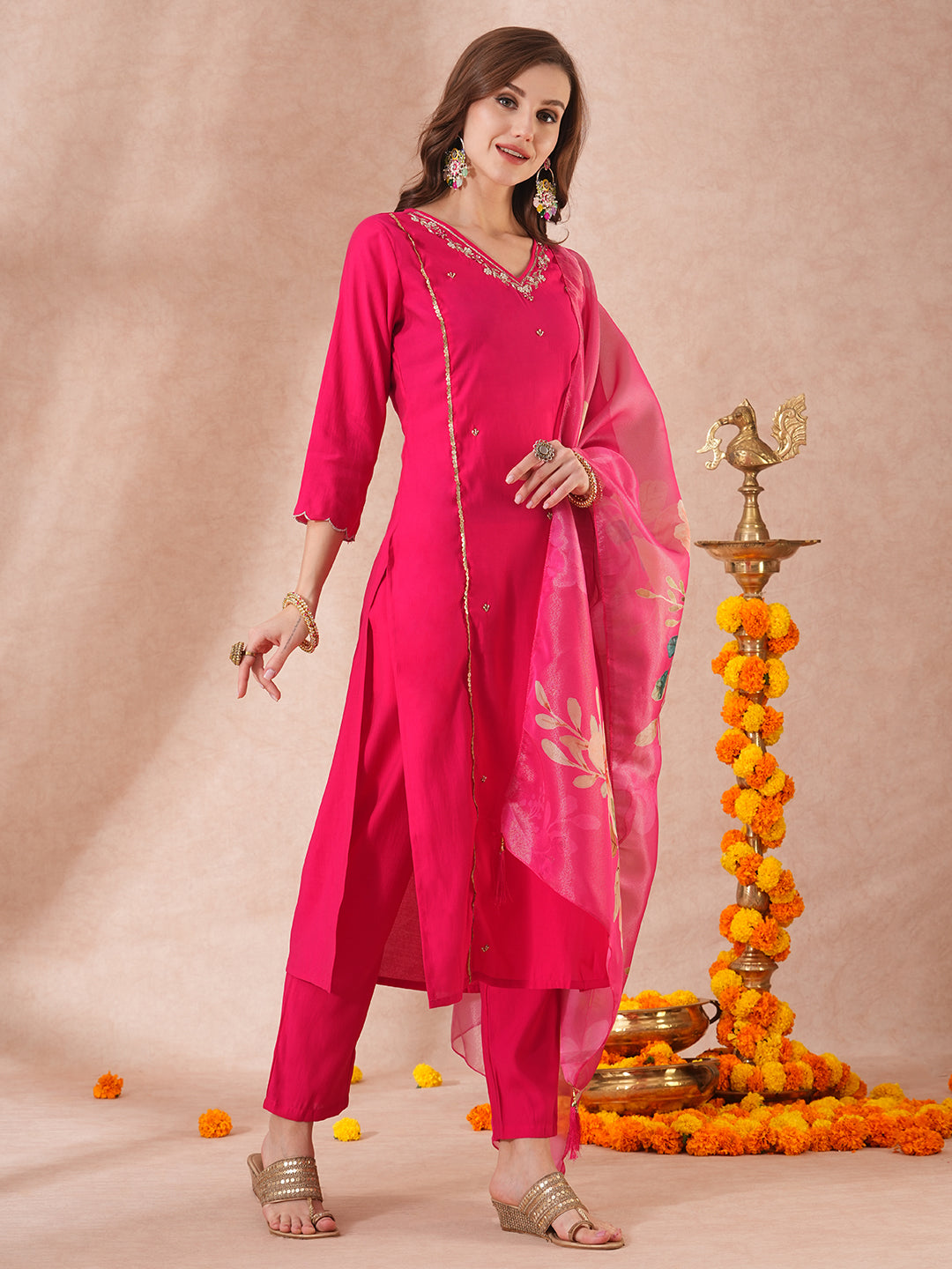 Solid Floral Hand Embroidered Straight Fit Kurta with Pant & Dupatta - Pink