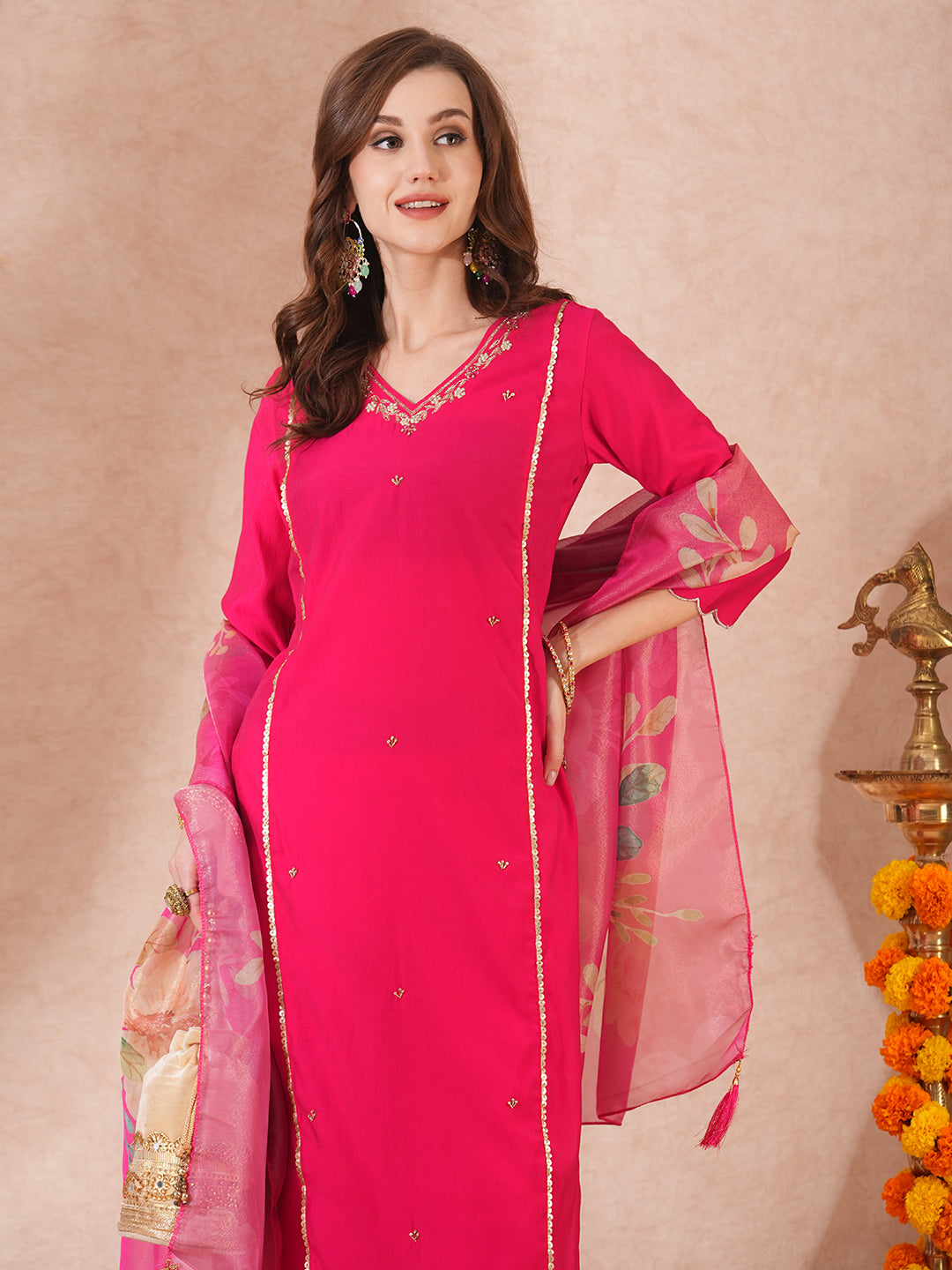 Solid Floral Hand Embroidered Straight Fit Kurta with Pant & Dupatta - Pink