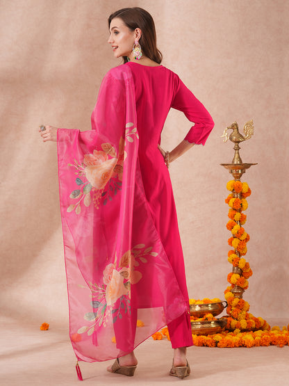 Solid Floral Hand Embroidered Straight Fit Kurta with Pant & Dupatta - Pink