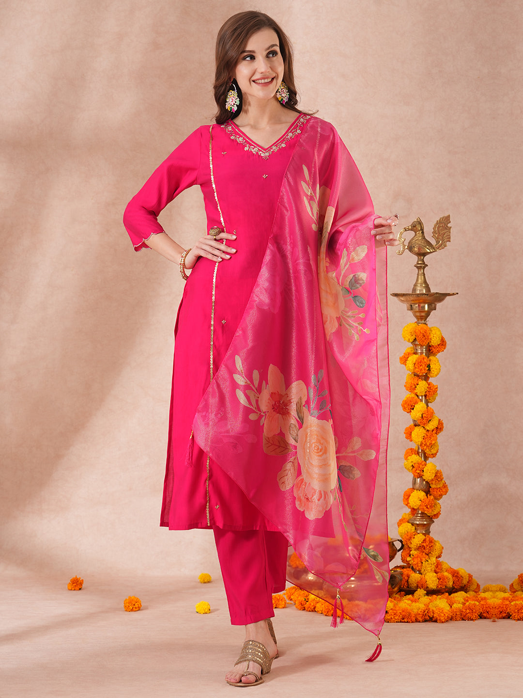 Solid Floral Hand Embroidered Straight Fit Kurta with Pant & Dupatta - Pink