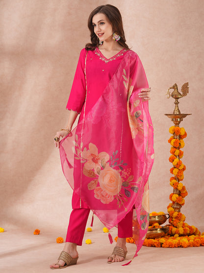 Solid Floral Hand Embroidered Straight Fit Kurta with Pant & Dupatta - Pink