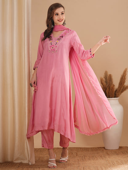 Solid Ethnic Embroidered A-Line Kurta with Pant & Dupatta - Pink