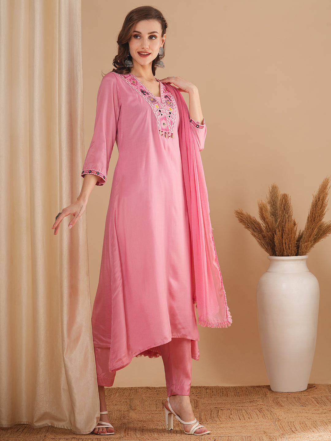 Solid Ethnic Embroidered A-Line Kurta with Pant & Dupatta - Pink