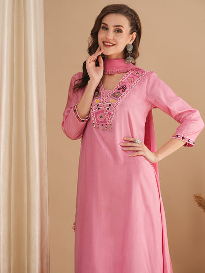 Solid Ethnic Embroidered A-Line Kurta with Pant & Dupatta - Pink