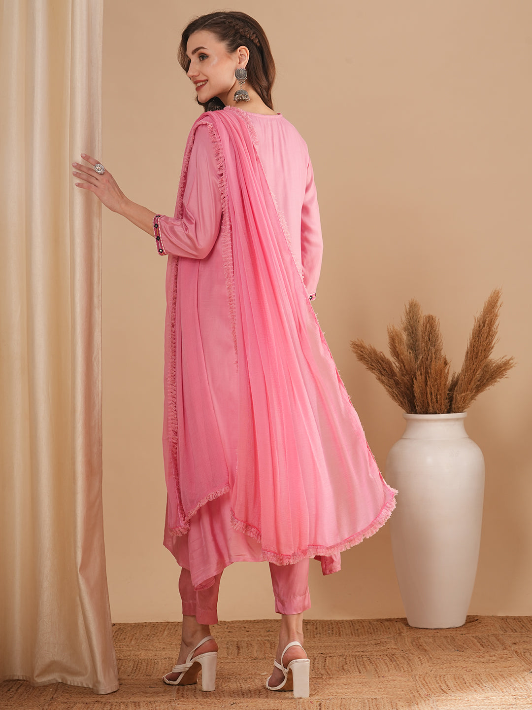 Solid Ethnic Embroidered A-Line Kurta with Pant & Dupatta - Pink