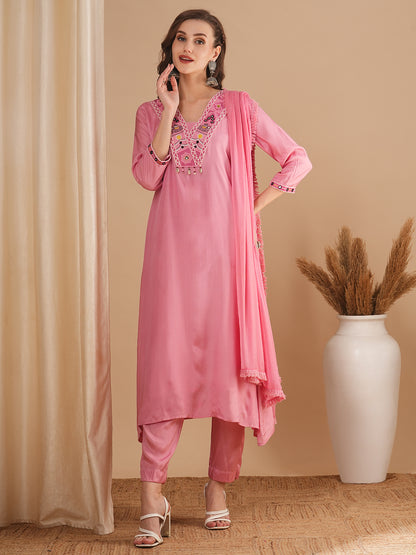 Solid Ethnic Embroidered A-Line Kurta with Pant & Dupatta - Pink