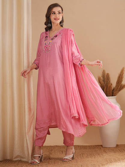 Solid Ethnic Embroidered A-Line Kurta with Pant & Dupatta - Pink