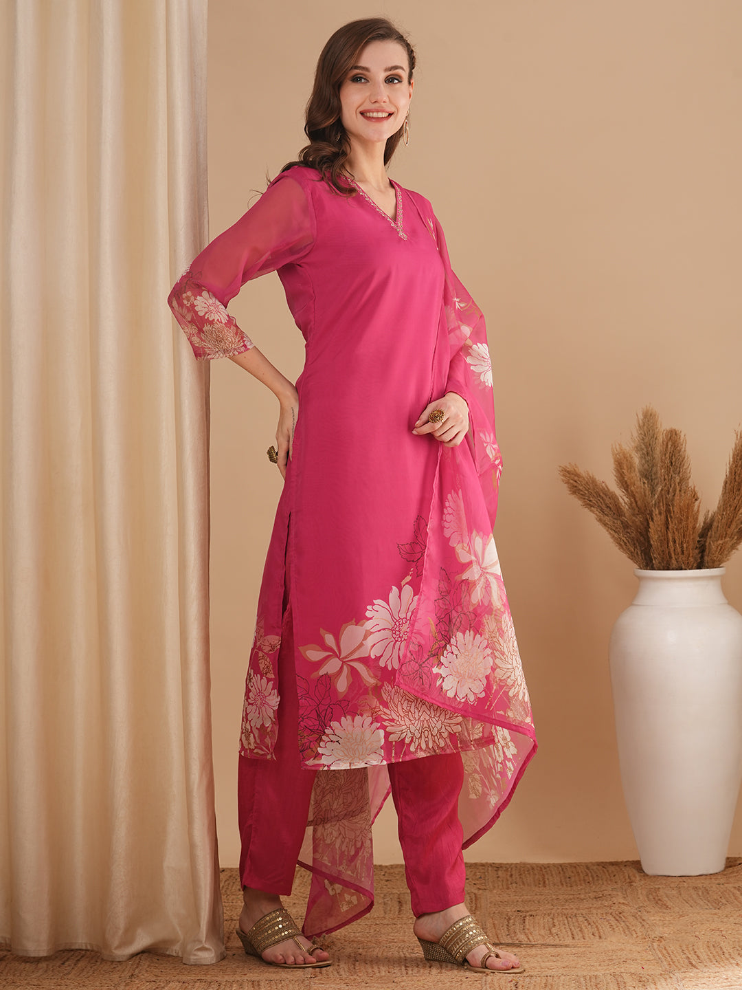 Floral Printed & Embroidered Straight Fit Kurta with Pant & Dupatta - Pink