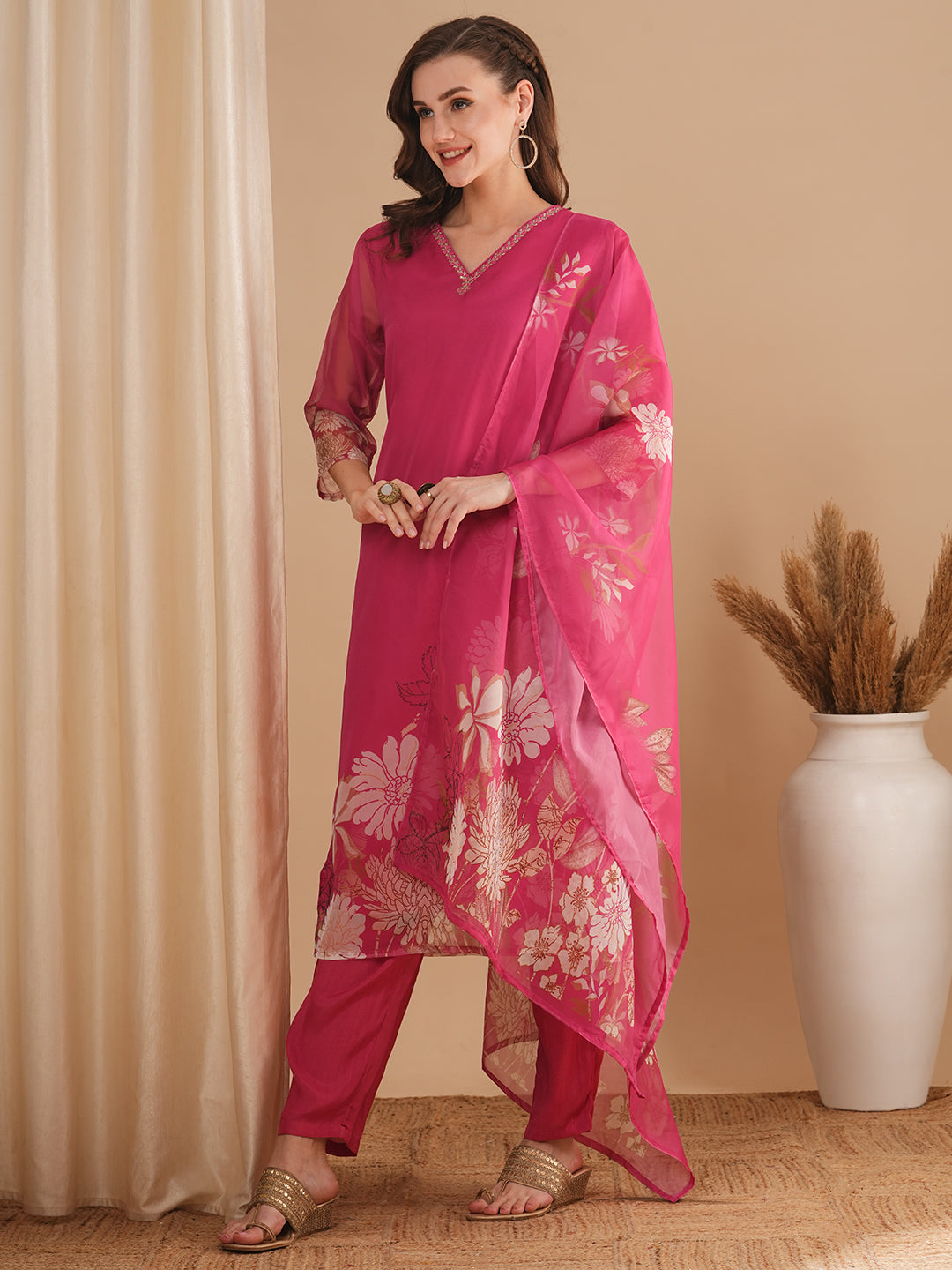 Floral Printed & Embroidered Straight Fit Kurta with Pant & Dupatta - Pink