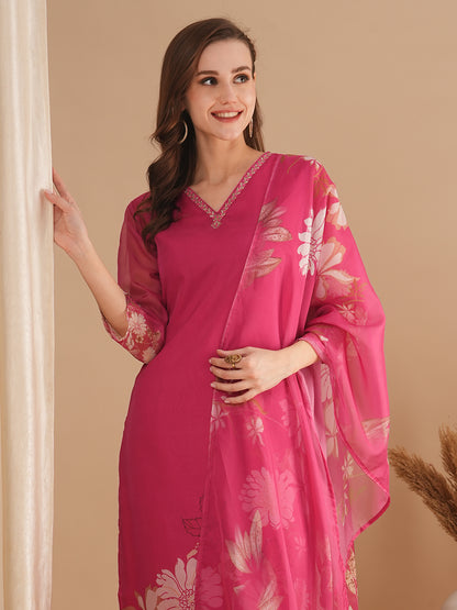 Floral Printed & Embroidered Straight Fit Kurta with Pant & Dupatta - Pink