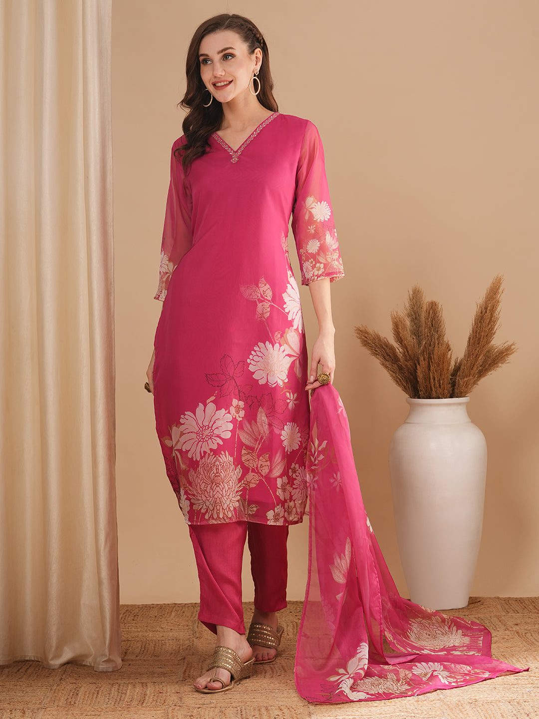 Floral Printed & Embroidered Straight Fit Kurta with Pant & Dupatta - Pink