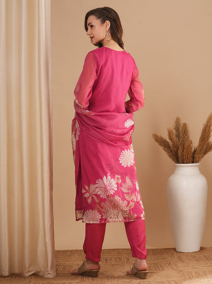 Floral Printed & Embroidered Straight Fit Kurta with Pant & Dupatta - Pink